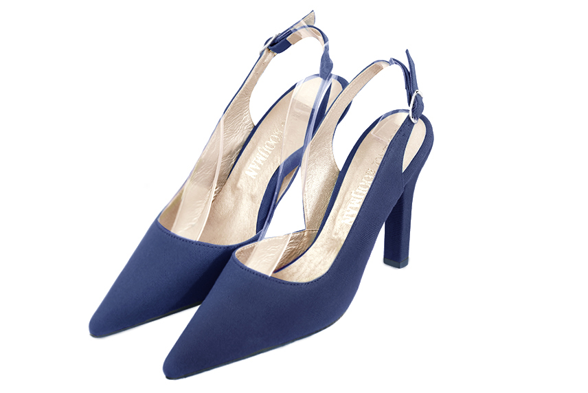 French elegance and refinement for these prussian blue dress slingback shoes, 
                available in many subtle leather and colour combinations. This charming, timeless pump with a back strap will be perfect for any type of occasion.
To be personalized with your materials and colors.  
                Matching clutches for parties, ceremonies and weddings.   
                You can customize these shoes to perfectly match your tastes or needs, and have a unique model.  
                Choice of leathers, colours, knots and heels. 
                Wide range of materials and shades carefully chosen.  
                Rich collection of flat, low, mid and high heels.  
                Small and large shoe sizes